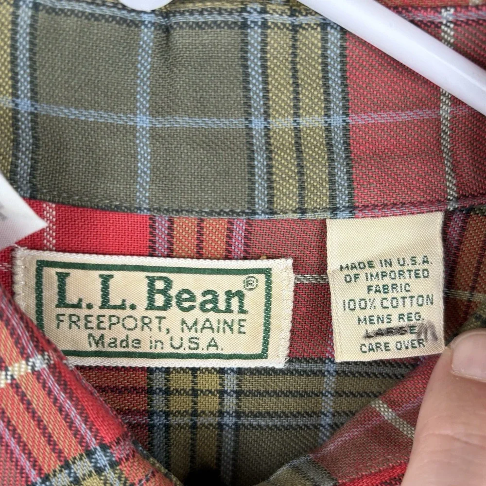 Vintage LL Bean Shirt Mens‎ Large Red Green Plaid Button Down Pocket Casual USA
